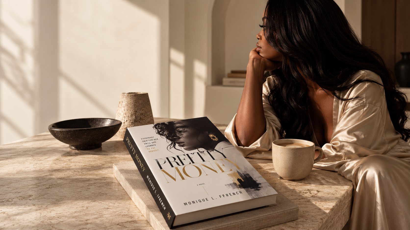 A woman in a satin robe sits at a stone table beside a copy of PRETTY MONEY by Monique L. Ffrench